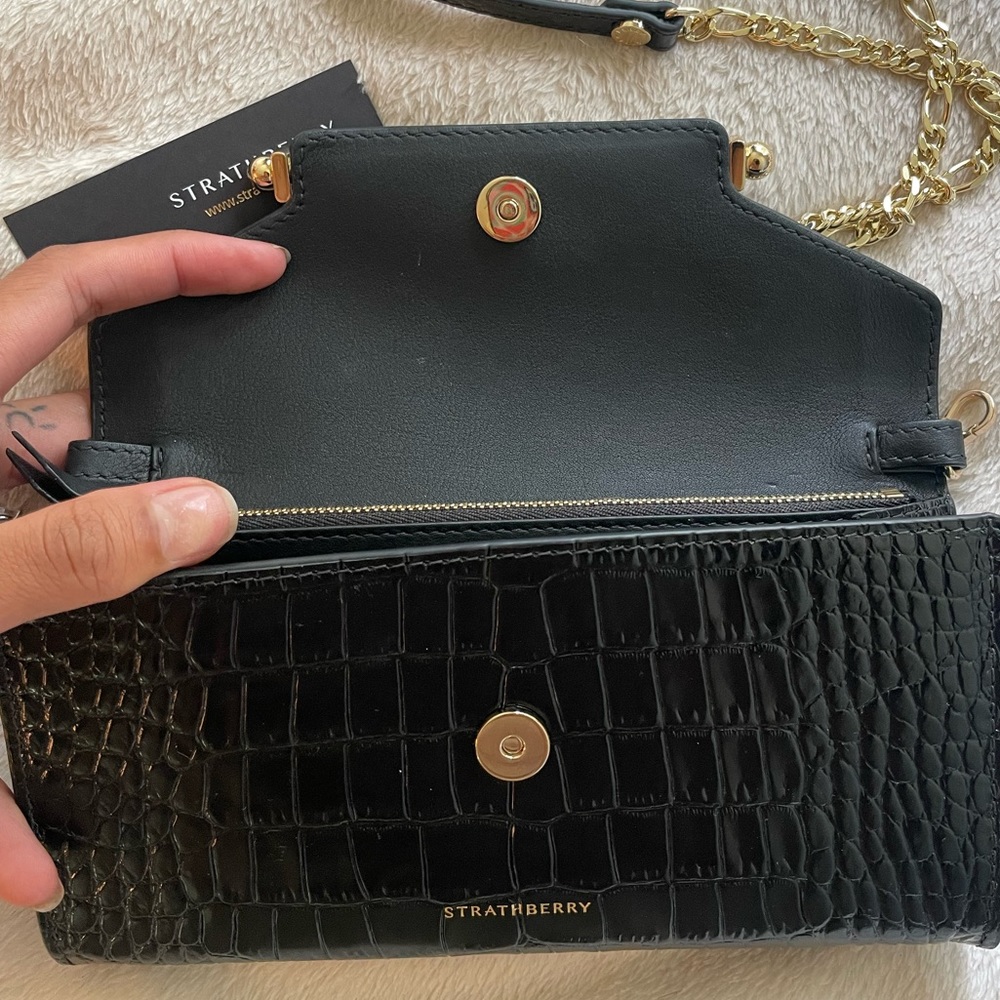 Strathberry Black Croc Embossed Leather Bag with Gold Chain - Picture 2 of 8